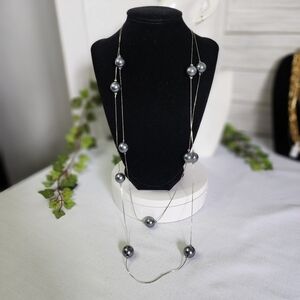 60" Silver with Grey Faux Pearls Long Necklace New